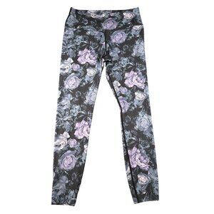 Apana Leggings Womens Large Black Purple Floral High Rise Yoga Pants Spandex Gym